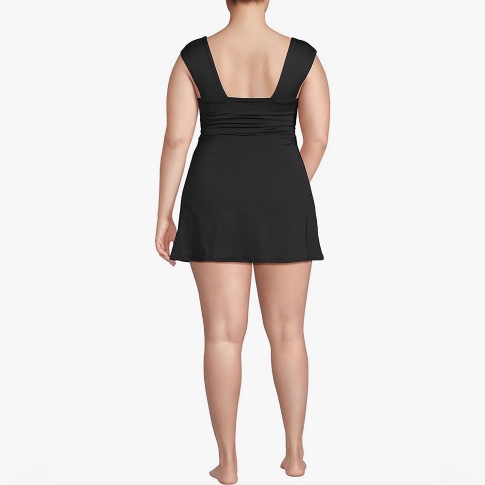 Lands’ End Chlorine-Resistant Square Neck Ruched Swim Dress One-Piece - Picture 2 of 7
